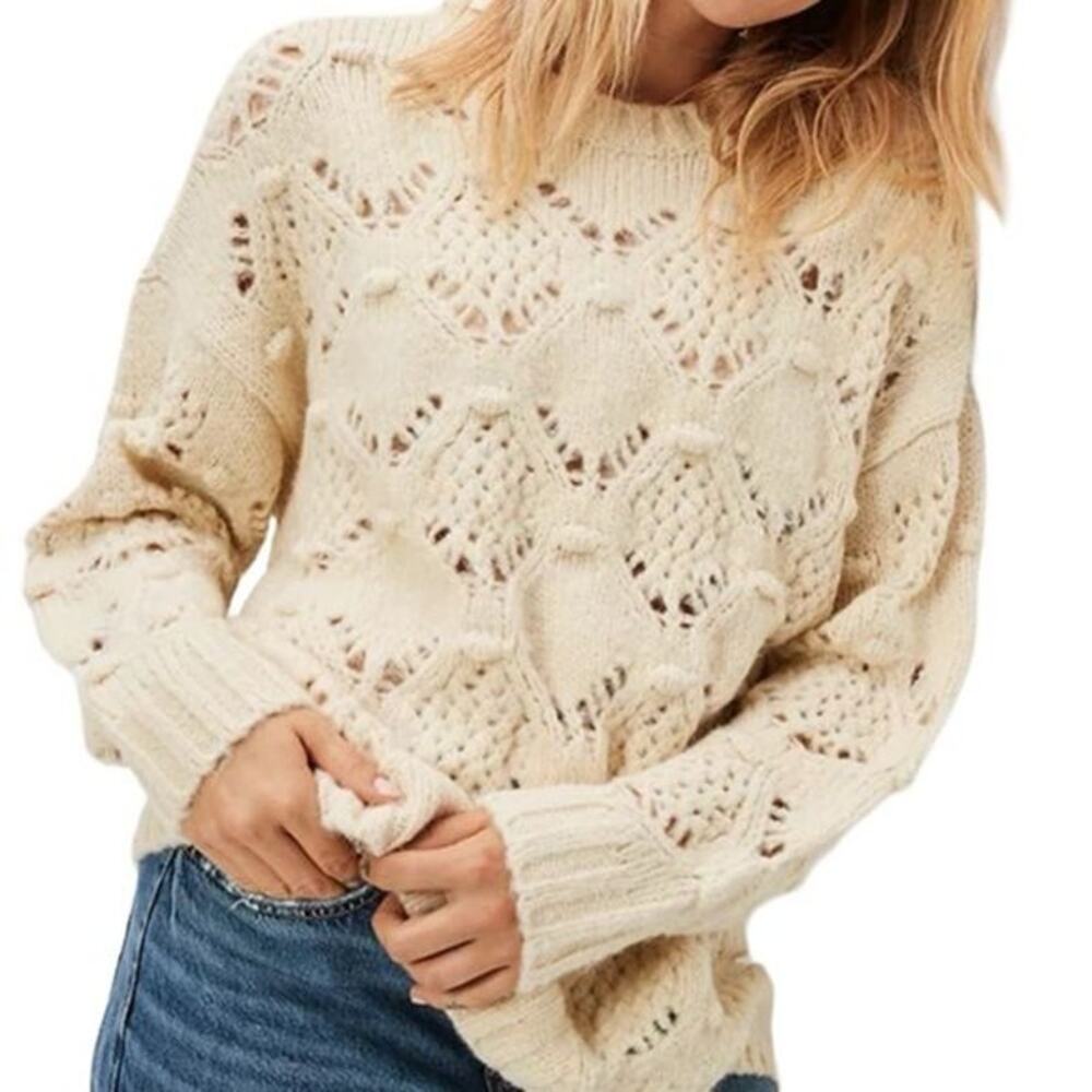 NEW American Eagle Cream Oversized Pointelle Crewneck Boho Sweater XL